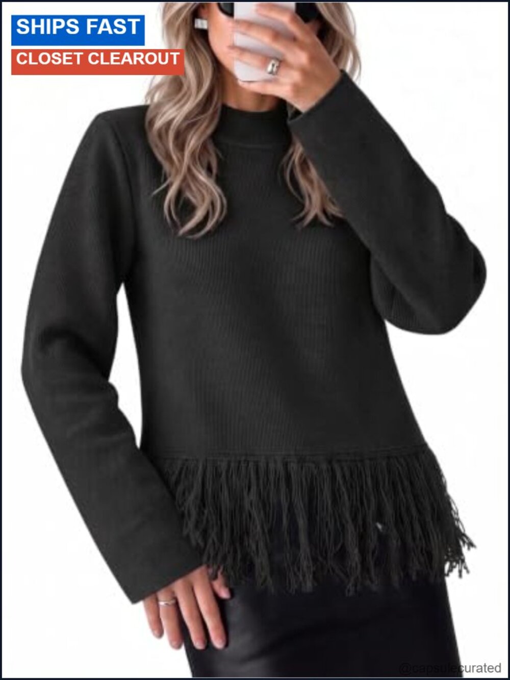 Fringe Sweater Mock Neck Long Sleeve Knit Pullover Boho